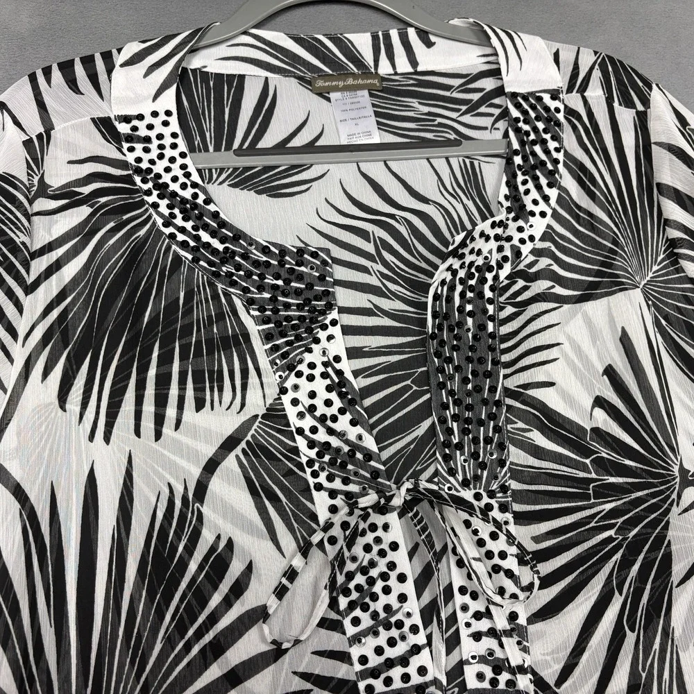 Tommy Bahama Size XL Black White Palm Print Swim Cover Up Tunic Beaded Tropical
